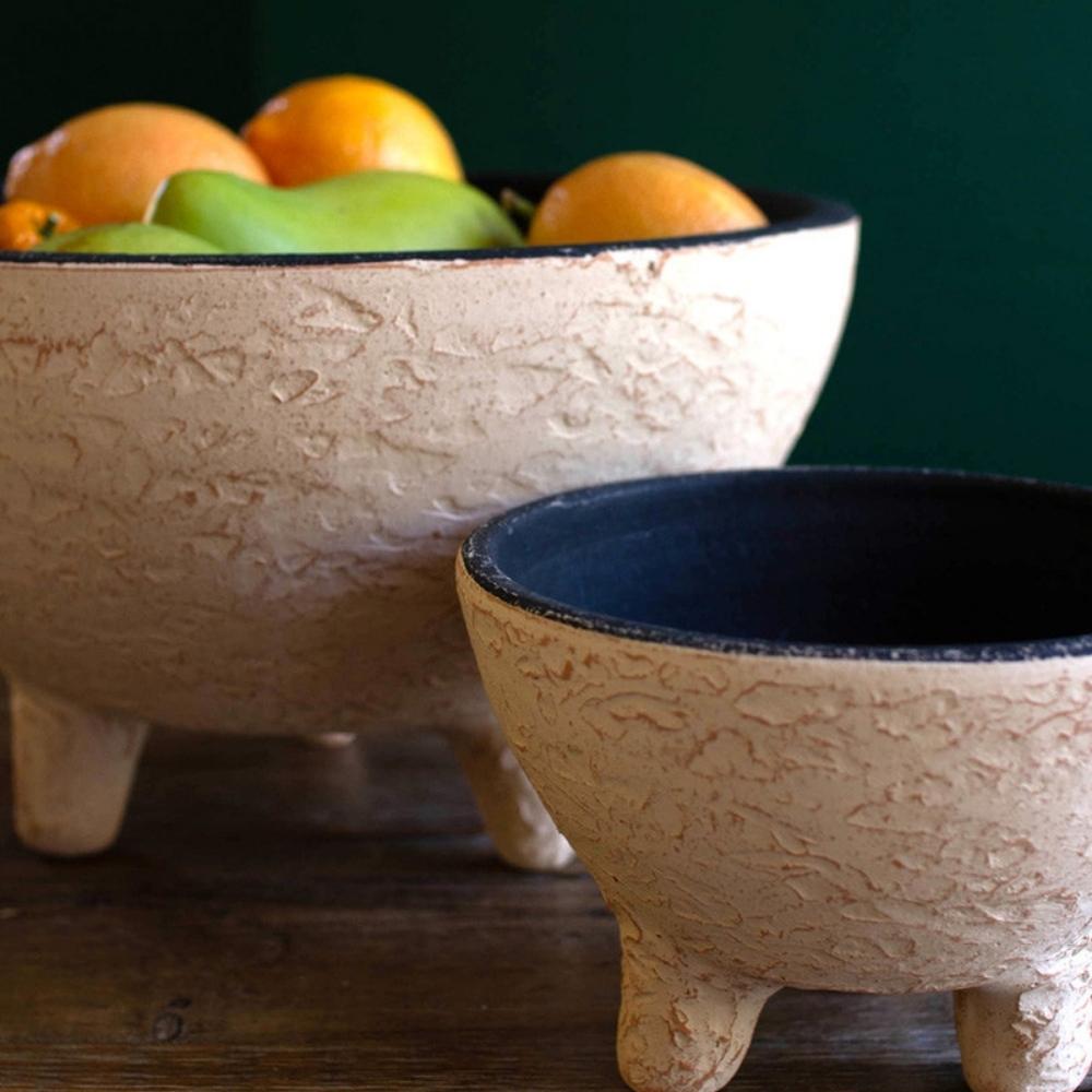 Ivory and Black Textured Footed Clay Bowls (Set of 2)