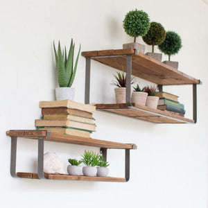 Recycled Wood and Metal Shelves (Set of 2)