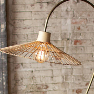 Antique Brass Finish Floor Lamp with Rattan Umbrella Shade