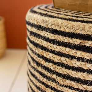 Black and Natural Round Jute Pouf
