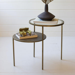 Double Round Accent Tables with Antique Brass and Glass Tops
