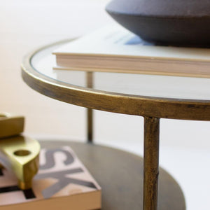 Double Round Accent Tables with Antique Brass and Glass Tops