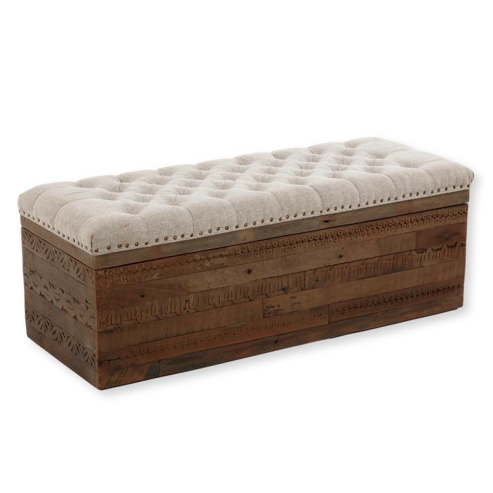 Gray Linen Tufted Storage Bench