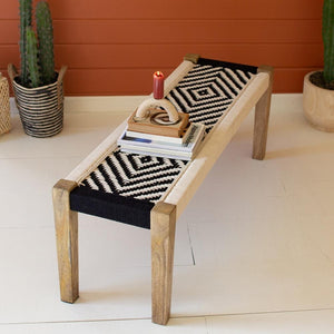 Mango Wood Bench with Black and White Cotton Weaving