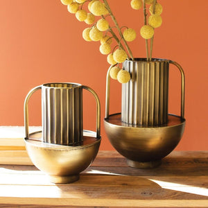 Metal Antique Brass Finish Vases with Handles (Set of 2)