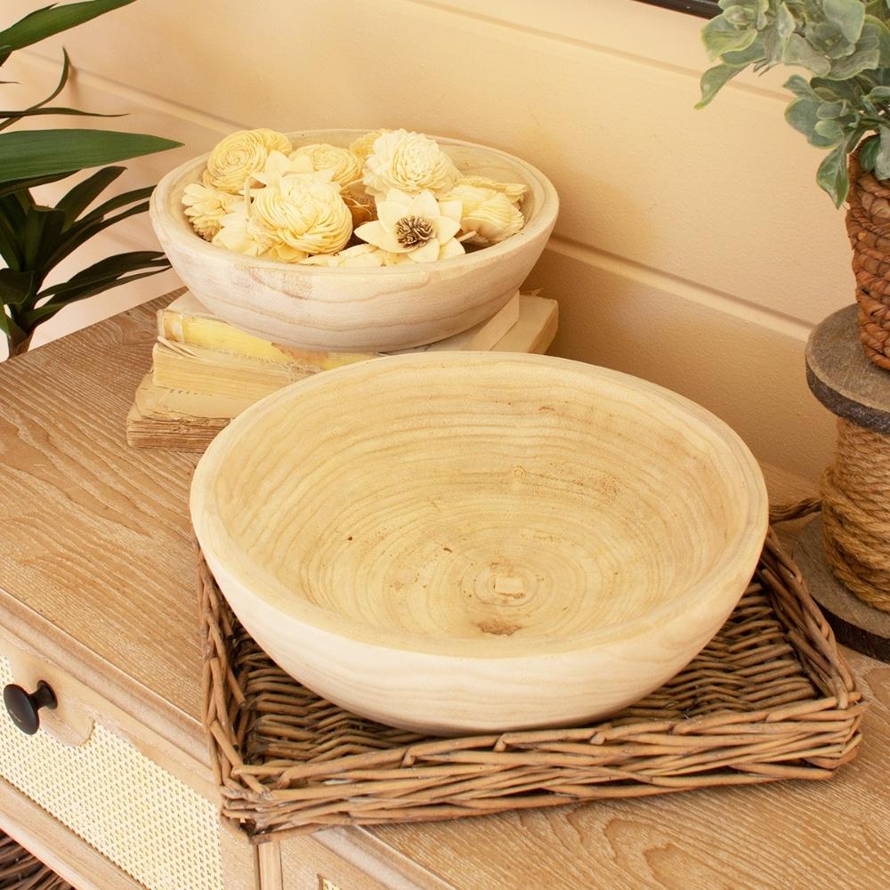 Round Hand Carved Wood Bowls (Set of 2)