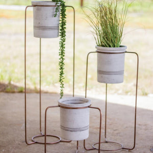 White Wash Pots with Copper Finish Metal Stands (Set of 3)