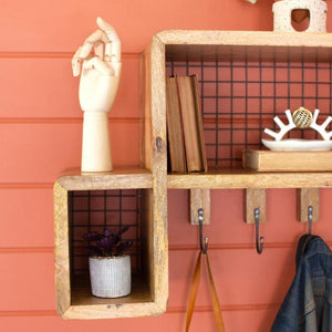 Wood And Wire Mesh Shelf with Coat Hook