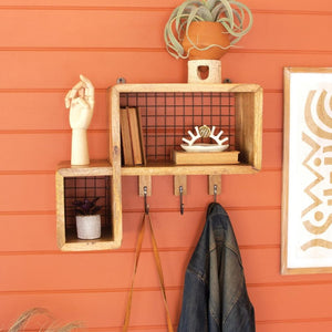 Wood And Wire Mesh Shelf with Coat Hook