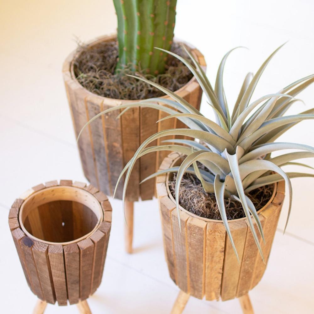 Round Recycled Wooden Planters with Legs (Set of 3)